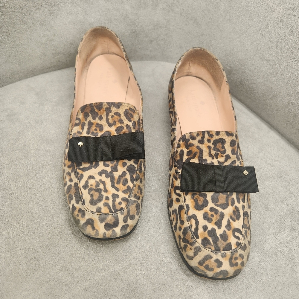 Kate Spade Loafers 8.5 Leopard Tan Leather Daphne Black Bow Logo Animal Print